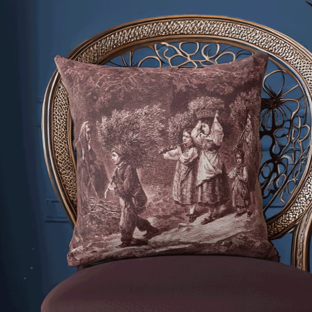 Red Toile Swiss Traditional Procession in Valais Throw Pillow (Size shown approximates the 20 inch pillow.)