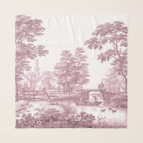 Red Toile Vintage French Pastoral Bridge Boat     Scarf