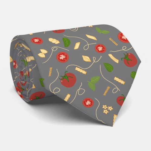 Red Tomato Green Basil Golden Pasta on Charcoal Neck Tie