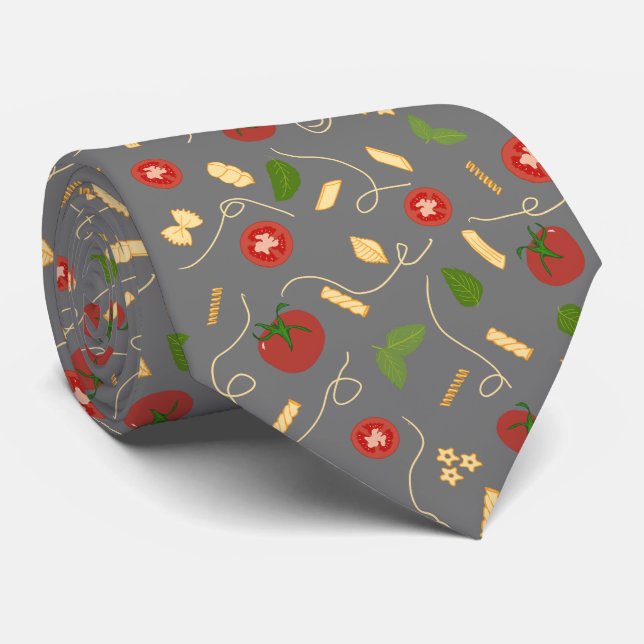 Red Tomato Green Basil Golden Pasta on Charcoal Neck Tie (Rolled)