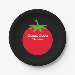 Red Tomato White Custom Text on Black, Food Themed Paper Plates