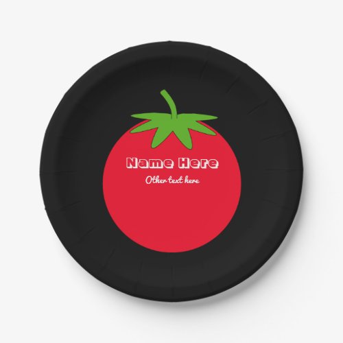 Red Tomato White Custom Text on Black Food Themed Paper Plates