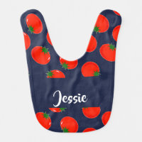 Red tomatoes on blue baby bib