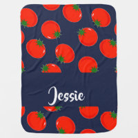 Red tomatoes on blue baby blanket