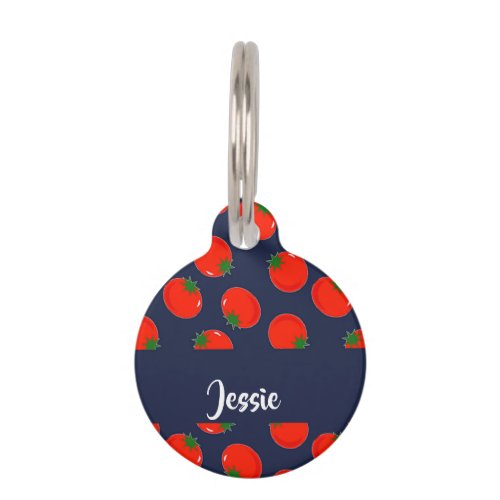 Red tomatoes on blue pet ID tag