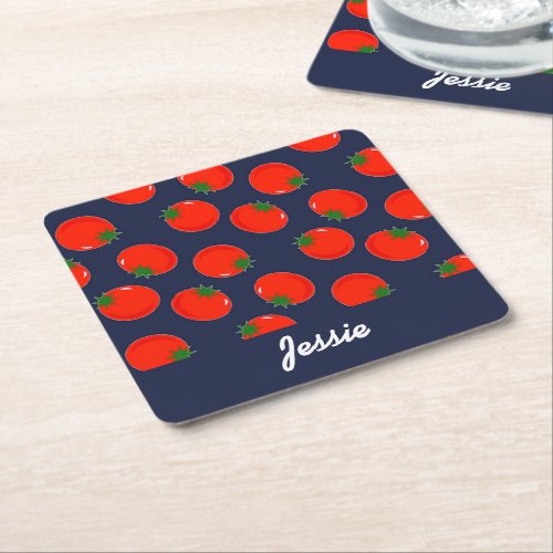 Red tomatoes on blue square paper coaster