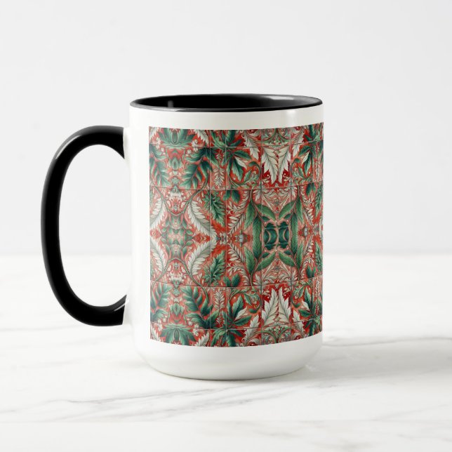 Red Tone Tile Style Foliage Design Mug (Left)