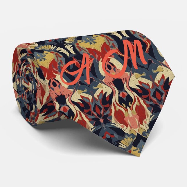 Red Tones Retro Ikat Pattern Monogram Initials Neck Tie (Rolled)
