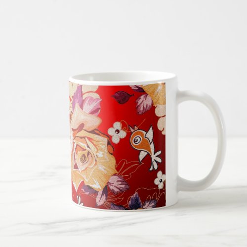 Red Tones Rustic Hand Drawn Rose  Birds Coffee Mug