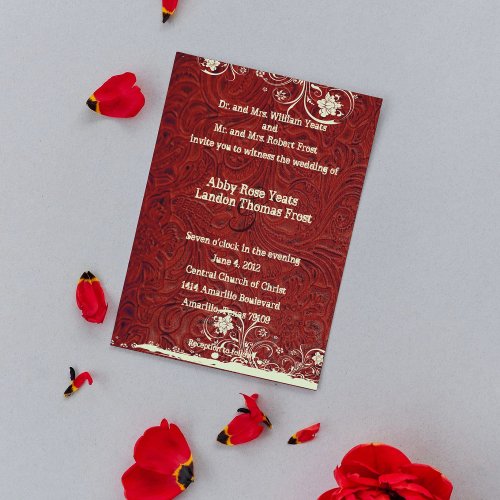 Red Tooled Leather and Lace Wedding Invitation