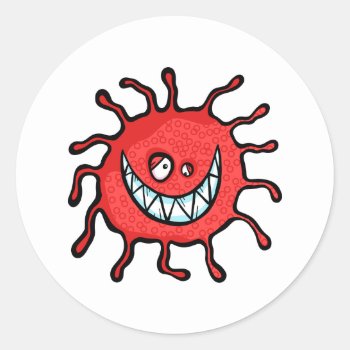 Red Toothy Grin Bacteria Cartoon Classic Round Sticker by prawny at Zazzle