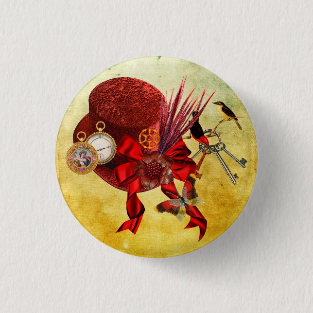 Red Top Hat birds pocket watch Steampunk Art  Button (Front)