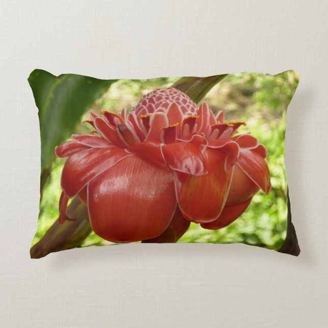 Red Torch Ginger Tropical Flower Photography Accent Pillow (Front)