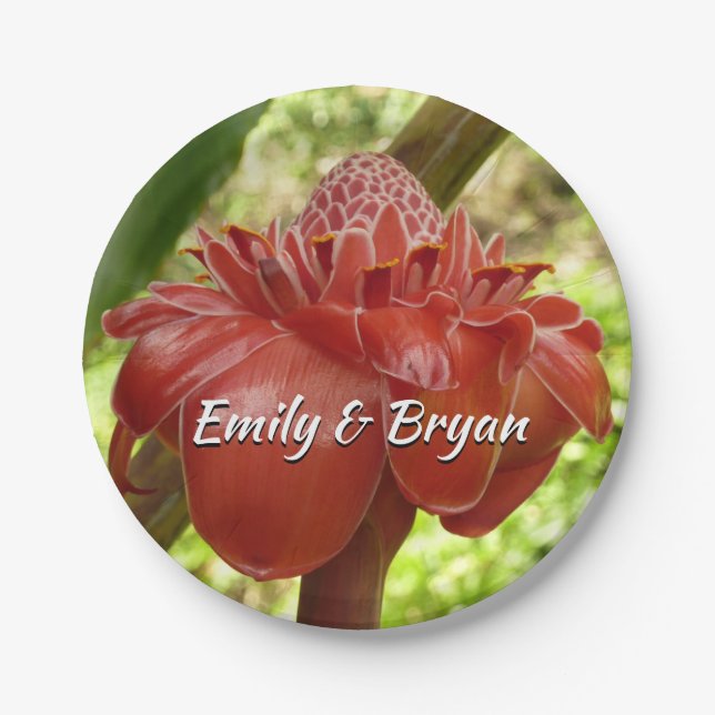 Red Torch Ginger Tropical Flower Photography Paper Plates (Front)