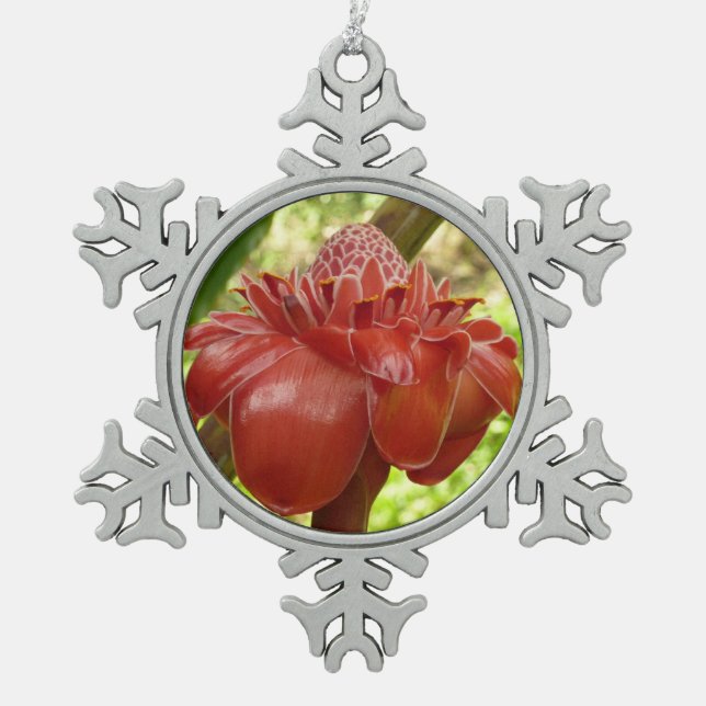 Red Torch Ginger Tropical Flower Photography Snowflake Pewter Christmas Ornament (Front)