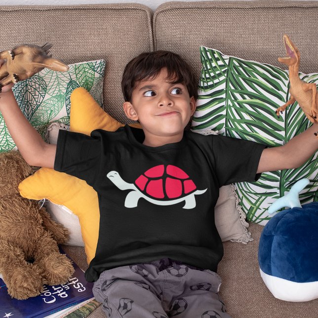 Red Tortoise T-Shirt (Boy playing with dinosaur, wearing red shell turtle design)