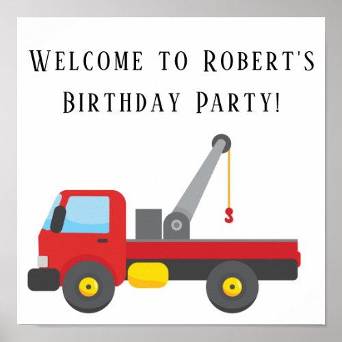 Red Tow Truck Birthday Party Square Poster
