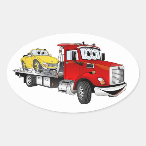 Red Tow Truck Flatbed Cartoon Oval Sticker