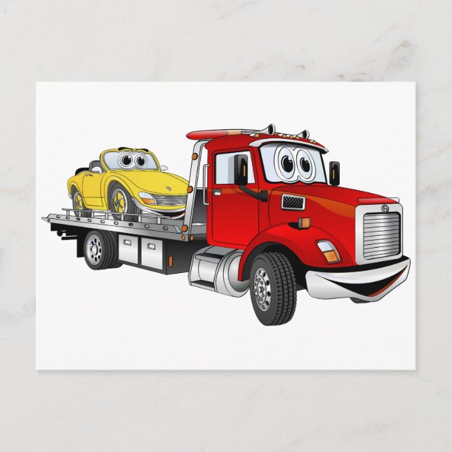 Red Tow Truck Flatbed Cartoon Postcard (Front)