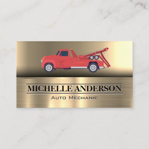Red Tow Truck  Metallic Background Business Card