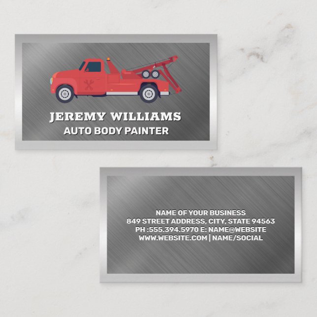 Red Tow Truck | Metallic Border Business Card (Front/Back)