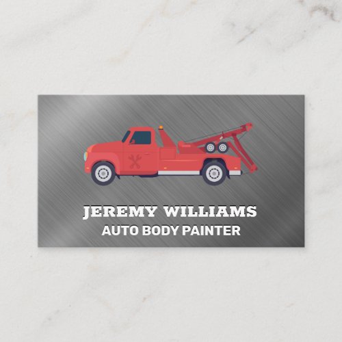 Red Tow Truck  Metallic Brushed Background Business Card