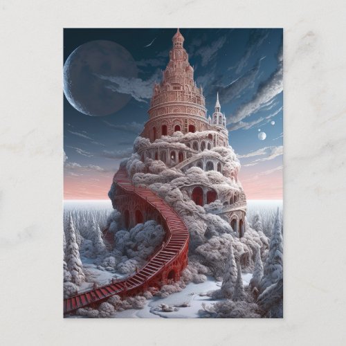 Red Tower Winter Landscape Fantasy Art Postcard