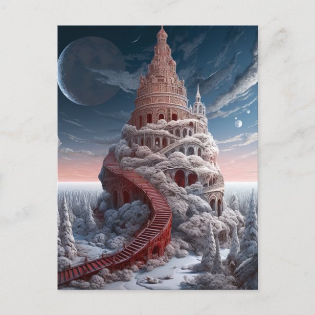 Red Tower Winter Landscape Fantasy Art Postcard (Front)