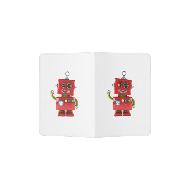 Red toy robot waving hello passport holder (Opened)