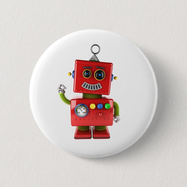 Red toy robot waving hello pinback button (Front)
