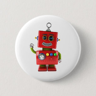 Red toy robot waving hello pinback button