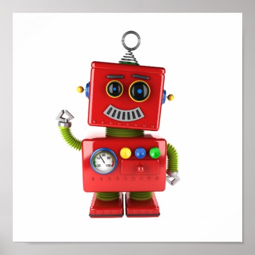 Red toy robot waving hello poster