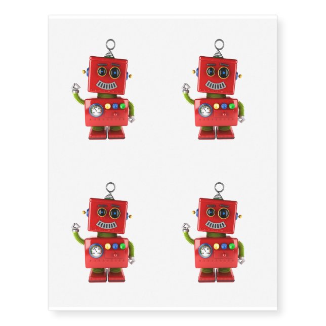 Red toy robot waving hello temporary tattoos (Front)