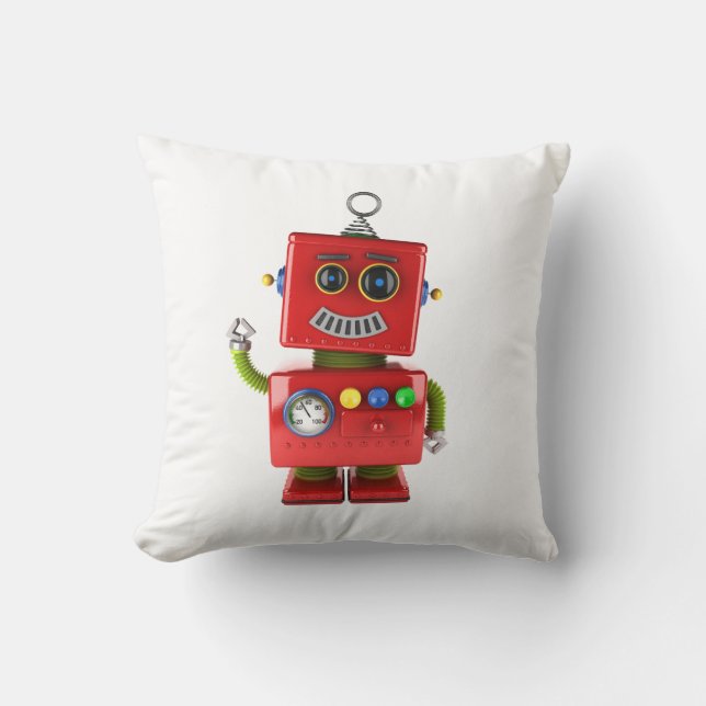 Red toy robot waving hello throw pillow (Front)