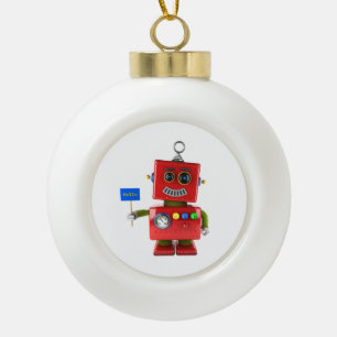 Red toy robot with hello sign ceramic ball christmas ornament
