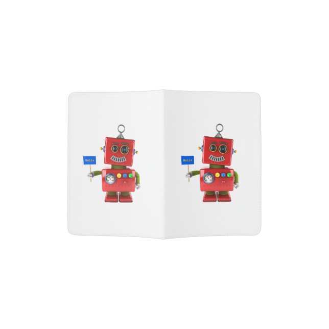 Red toy robot with hello sign passport holder (Opened)