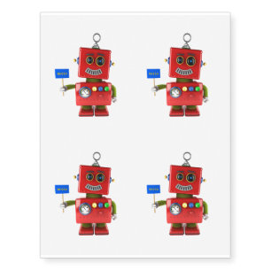 Red toy robot with hello sign temporary tattoos