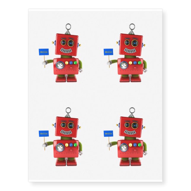 Red toy robot with hello sign temporary tattoos (Front)