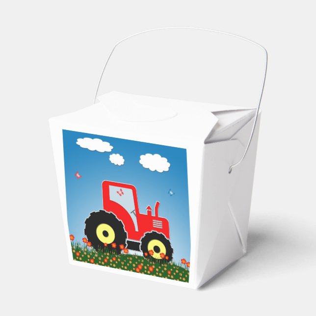 Red toy tractor favor boxes (Front Side)