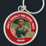 Red Track & Field Photo High School Athlete Keychain<br><div class="desc">This cool customized high school track team athlete photo gift features white typography of your team on a red keychain with a running track. Personalize with your student's photograph and class year as a proud runner parent.</div>