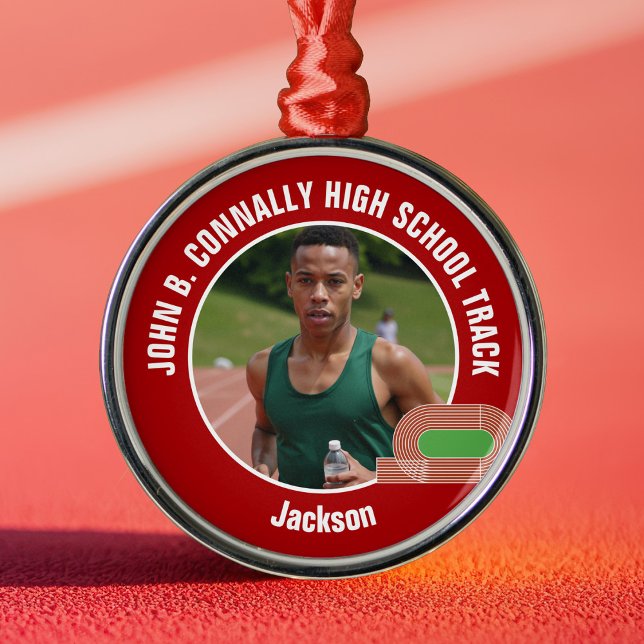 Red Track & Field Photo High School Christmas Metal Ornament (Creator Uploaded)