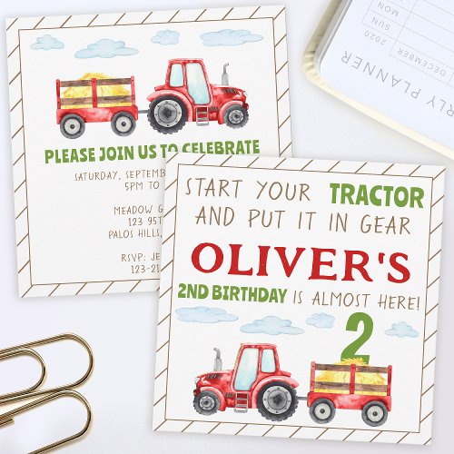 Red tractor 1st 2nd boy birthday square invitation