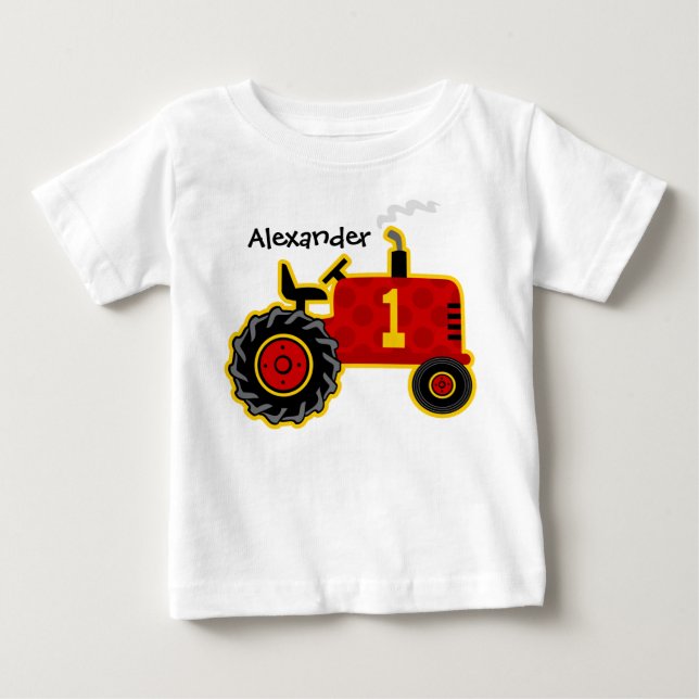 Red Tractor 1st Birthday Personalized Baby T-Shirt (Front)
