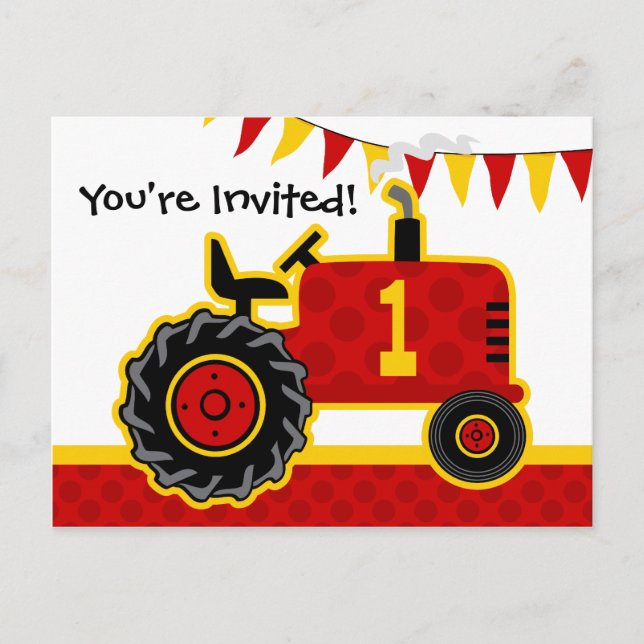 Red Tractor 1st Birthday Postcard Invitation (Front)