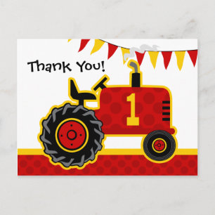 Red Tractor 1st Birthday Thank You Postcard