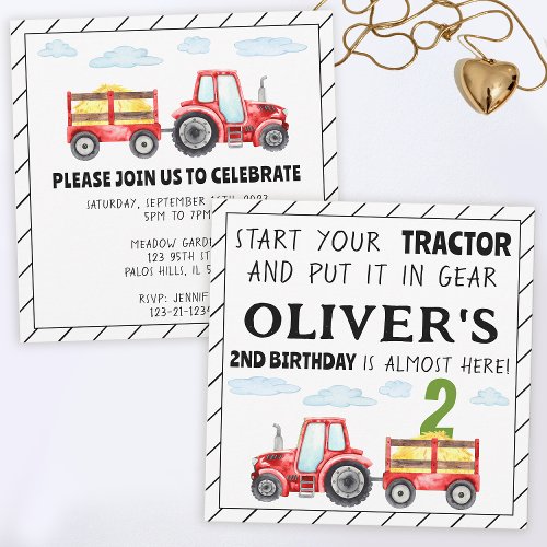 Red tractor 2nd birthday boy party invitation