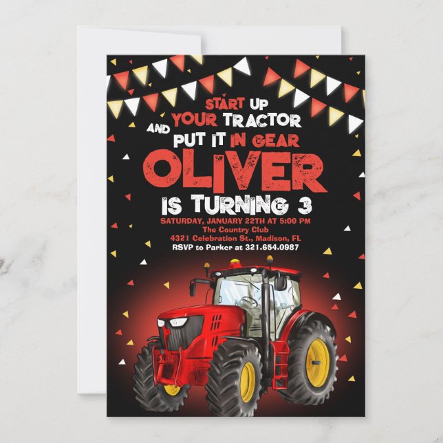 Red Tractor 3rd Birthday Party Invitation (Front)