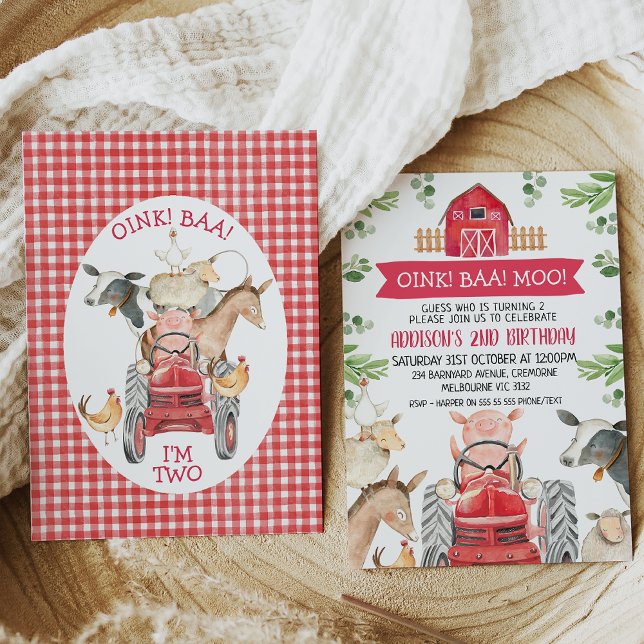 Red Tractor And Barn Farm Birthday Invitation (Kids red farm birthday invitation featuring a red barn, red tractor and various cute farm animals.)