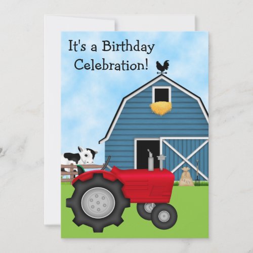 Red Tractor and Blue Barn Birthday Invite  Boys