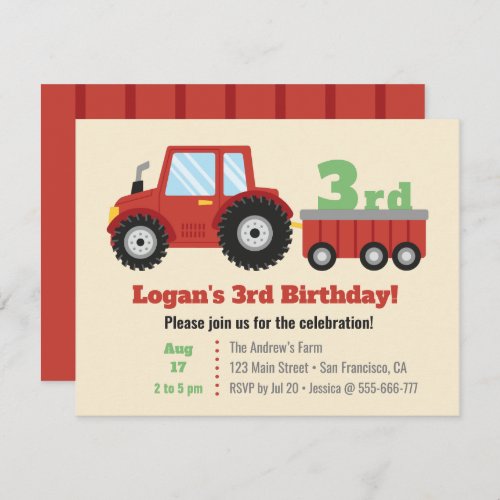 Red Tractor and Cart Kids Birthday Party Invitation